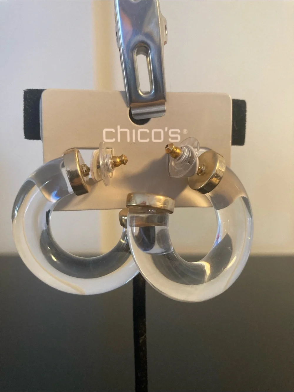 Chico's Clear Lucite Hoop Earrings with Gold Accents